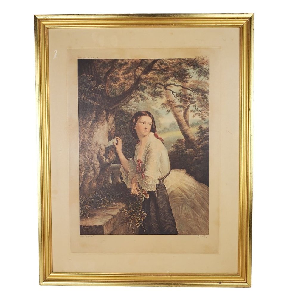 George Baxter's 1840 Print: Lovers Letter Box, The Tryst , in a Vintage Gilt Fra